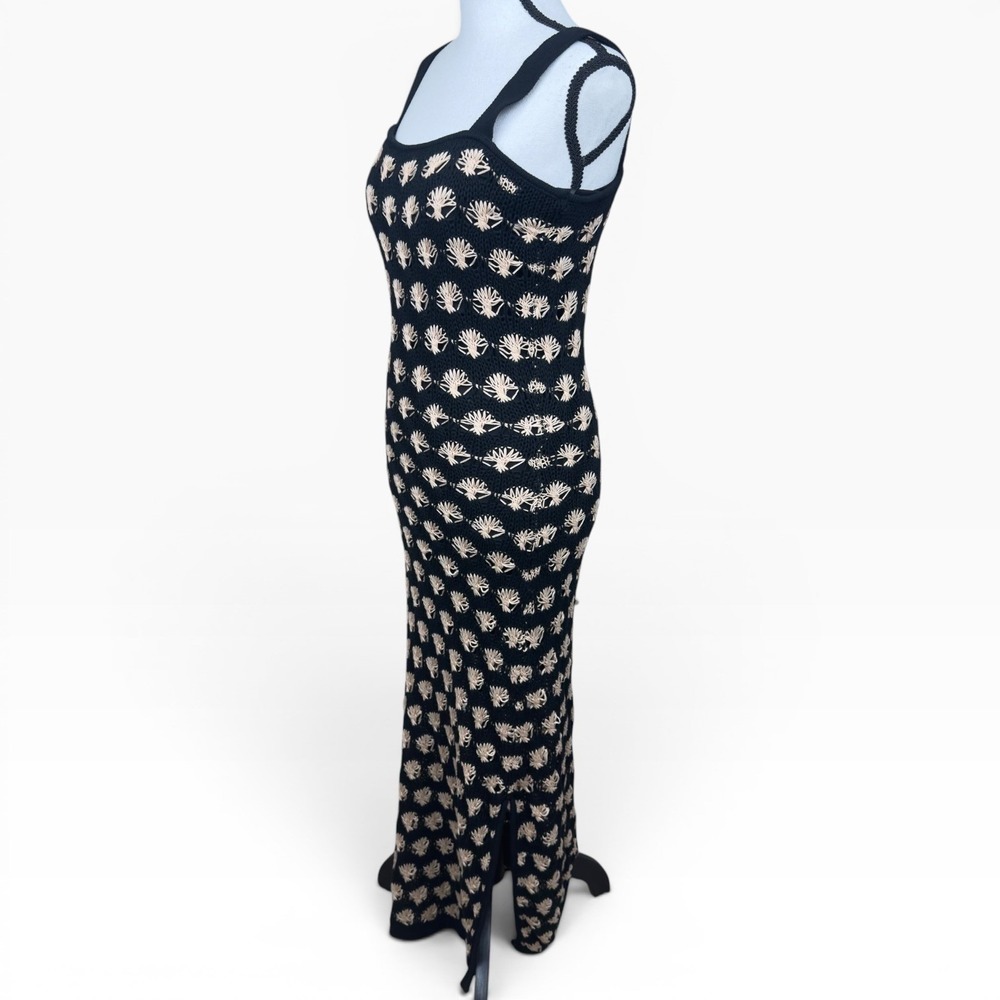 Crochet Open Knit Maxi Dress Small Black Cream Shell Boho Side Slit Beach Resort